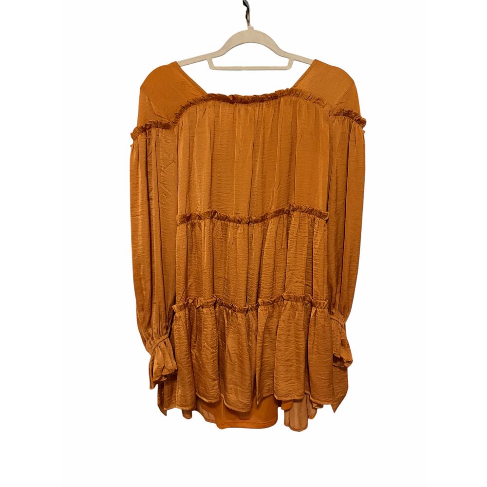 Glam Women’s Small Mustard Orange Long Sleeve Round Neck Ruffled Midi Dress - Picture 6 of 13